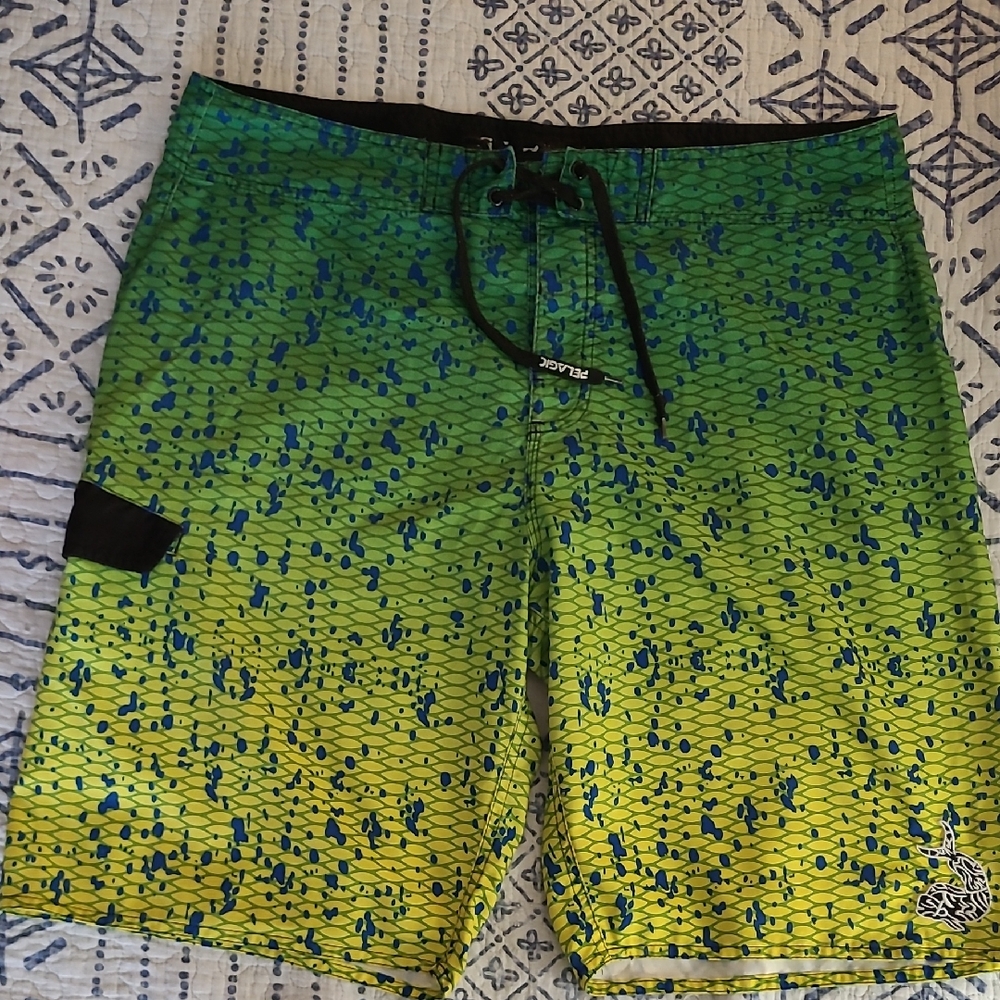 Pelagic Blue and Yellow Dorado Board Shorts Mens 36